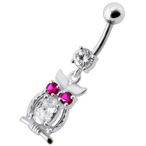 Jeweled Owl Dangling Navel Bar - Clear