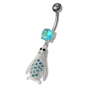 Jeweled Penguin Dangling Belly Ring - Aqua