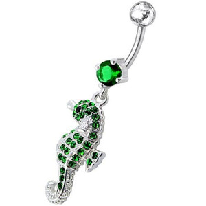 Jeweled Sea Horse Dangling Belly Ring - Emerald
