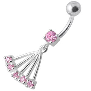 Navel Ring with Big Long Dangling Jeweled Chains With SS Curved Bar - Pink