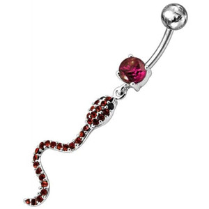 Jeweled Snake Dangling Belly Ring - Red