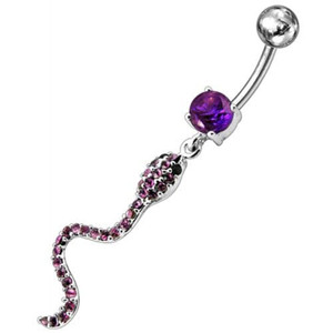 Jeweled Snake Dangling Belly Ring - Purple