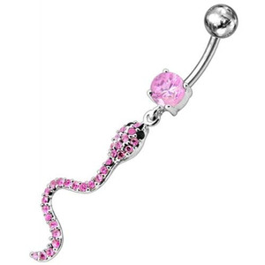 Jeweled Snake Dangling Belly Ring - Pink