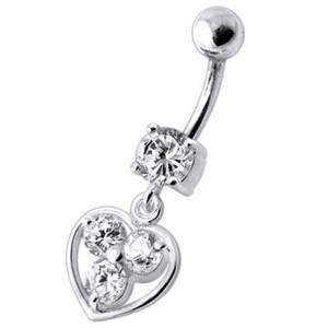 Jeweled Silver Heart Dangling SS Curved Bar Banana Belly Ring - Clear