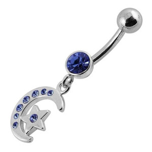 Jeweled Star Moon Fancy Silver Dangling SS Bananna Bar Belly Ring - Lavender