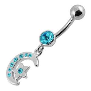 Jeweled Star Moon Fancy Silver Dangling SS Bananna Bar Belly Ring - Aqua