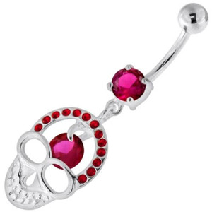 Jeweled Skull with center Stone Navel Belly Piercing - Red