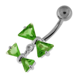 Jeweled Twin Bow Sterling Silver Navel Belly Button Ring - Peridot