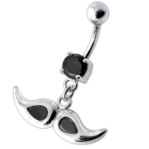 Jeweled mustache Dangling Belly Ring - Black