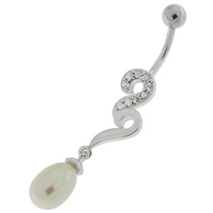 Pearl Jeweled Fancy Silver Dangling Banana Bar Navel Belly Ring - Clear