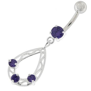 Oval Shape with Triple Stone Jeweled Belly Ring - Purple