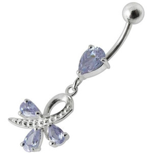Silver  Pear Jeweled Dangling SS Belly Ring Body Jewelry - Lavender