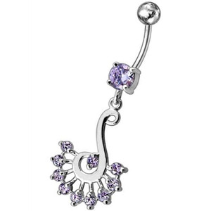 Silver Dream Catcher with Jeweled Feathers Fancy Navel Banana Bar Ring - Lavender