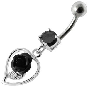 Rose in Heart Jeweled Dangling Belly Ring - Black
