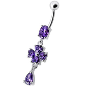 Silver Fancy  Flower Dangling Bdy Jewelry SS Bar Belly Ring - Purple