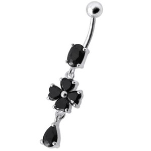Silver Fancy  Flower Dangling Bdy Jewelry SS Bar Belly Ring - Black