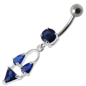Silver Fancy Double Stone Jeweled Dangling Navel Ring - Dark blue