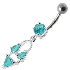 Silver Fancy Double Stone Jeweled Dangling Navel Ring - Aqua