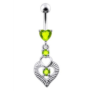 Silver Fancy Heart Jeweled Heart Dangling Banana Belly Ring - Peridot