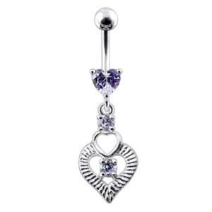 Silver Fancy Heart Jeweled Heart Dangling Banana Belly Ring - Lavender