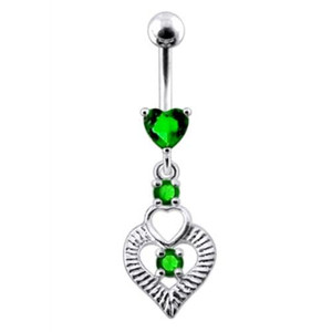Silver Fancy Heart Jeweled Heart Dangling Banana Belly Ring - Emerald