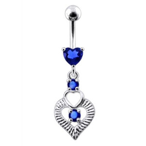 Silver Fancy Heart Jeweled Heart Dangling Banana Belly Ring - Dark blue