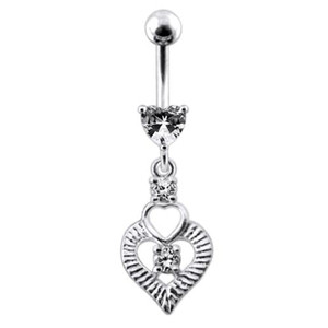 Silver Fancy Heart Jeweled Heart Dangling Banana Belly Ring - Clear