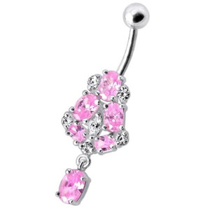 Silver Fancy Jeweled Dangling Navel Ring Body Jewelry - Pink