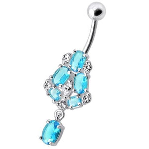 Silver Fancy Jeweled Dangling Navel Ring Body Jewelry - Aqua
