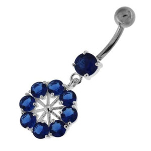 Round Jeweled Flower Sterling Silver Navel Ring - Dark Blue