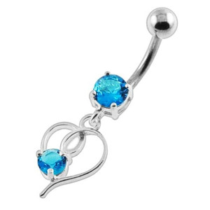 Round Gem in a Heart Navel Belly Button Piercing - Aqua