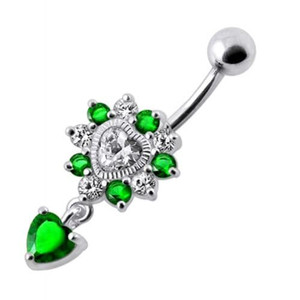 Royal Heart Stone Jeweled Dangling Navel Belly Ring - Emerald