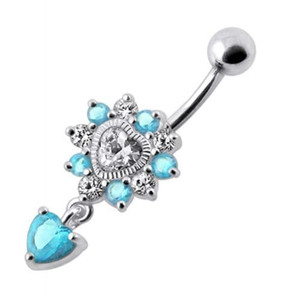 Royal Heart Stone Jeweled Dangling Navel Belly Ring - Aqua