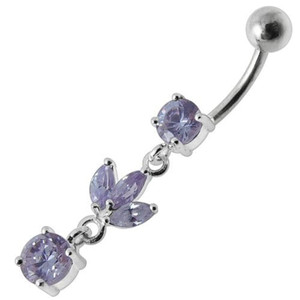 Silver Fancy Leaf Design Dangling Belly Ring - Lavender
