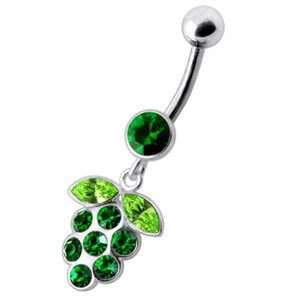 Silver Fancy Jeweled Grape Dangling Curved Belly Ring - Emerald