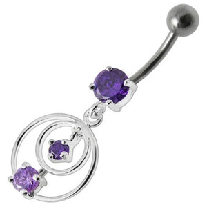 Silver Fancy Round Jeweled Dangling Navel Ring - Purple