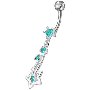 Silver Fancy Star Jeweled Dangling With SS Bar Navel Ring - Aqua