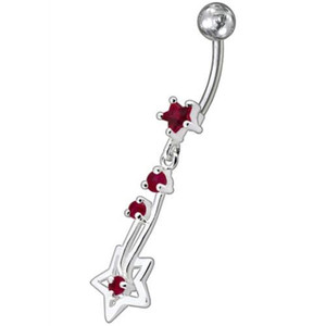 Silver Fancy Star Jeweled Dangling With SS Bar Navel Ring - Red