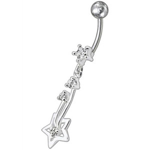 Silver Fancy Star Jeweled Dangling With SS Bar Navel Ring - Clear