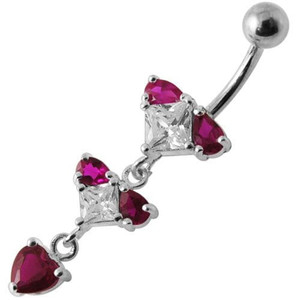Silver Fancy Studded Jeweled Dangling Belly Ring - Red