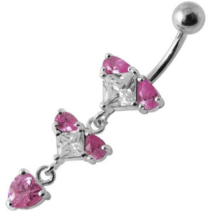 Silver Fancy Studded Jeweled Dangling Belly Ring - Pink