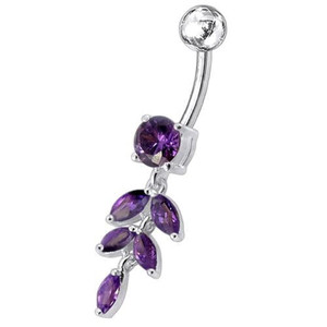 Silver Fancy White CZ Jeweled Dangling SS Banana Bar Navel Ring Body Jewelry - Purple
