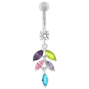 Silver Fancy White CZ Jeweled Dangling SS Banana Bar Navel Ring Body Jewelry - Mixed