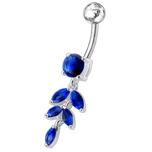 Silver Fancy White CZ Jeweled Dangling SS Banana Bar Navel Ring Body Jewelry - Dark Blue
