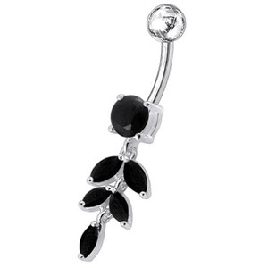 Silver Fancy White CZ Jeweled Dangling SS Banana Bar Navel Ring Body Jewelry - black