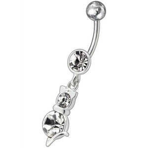 Silver Fancy cat with Single Stone Jeweled Dangling Belly Ring - Clear