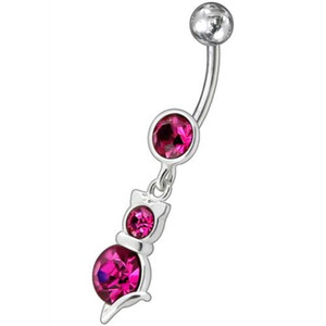 Silver Fancy cat with Single Stone Jeweled Dangling Belly Ring - Pink