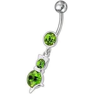 Silver Fancy cat with Single Stone Jeweled Dangling Belly Ring - Peridot