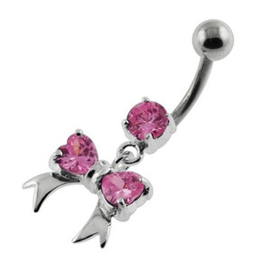 Twin Heart Bow Tie Navel Belly Button Piercing - Pink