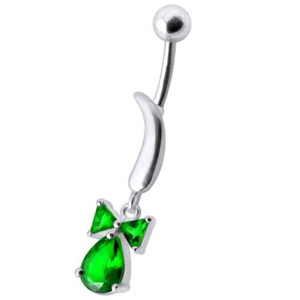 Silver Jeweled Bow Design Navel Ring Body Jewelry - Emerald